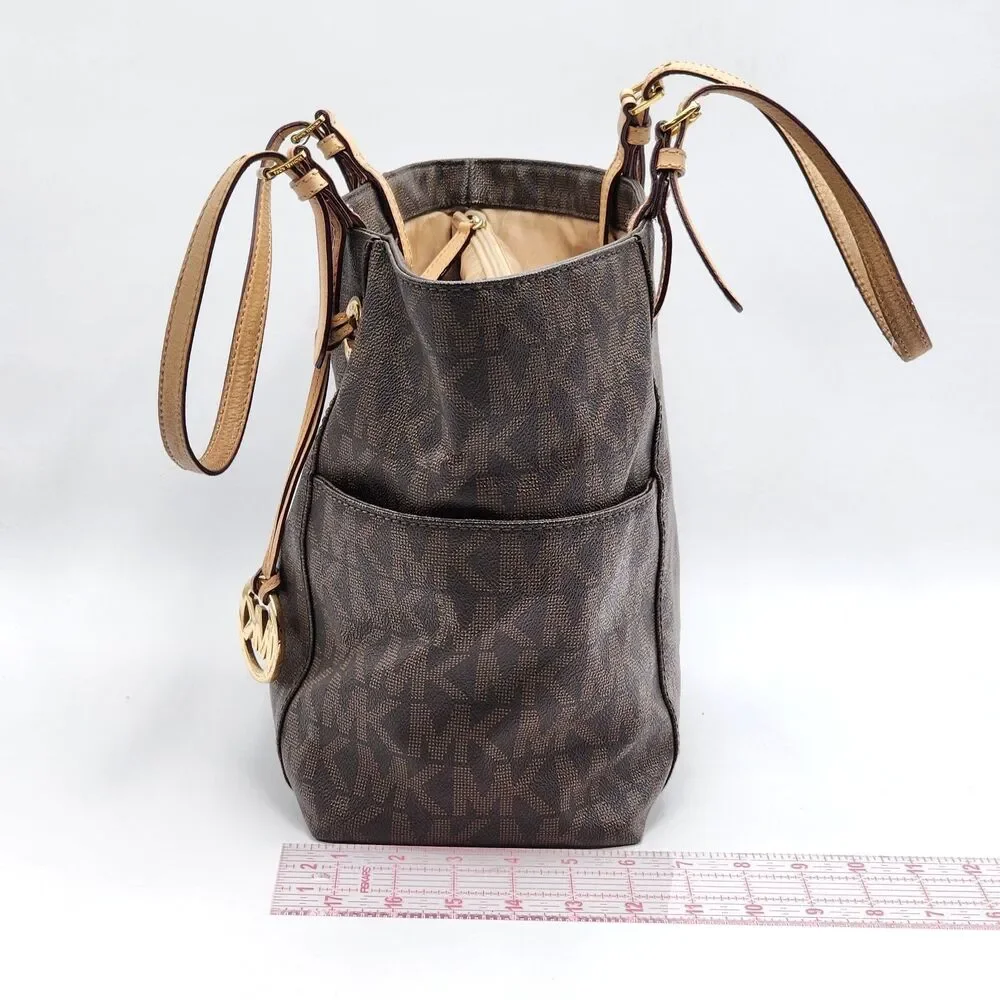 Michael Kors Coated Canvas Monogram MK Leather Trim Large Tote Bag Brown